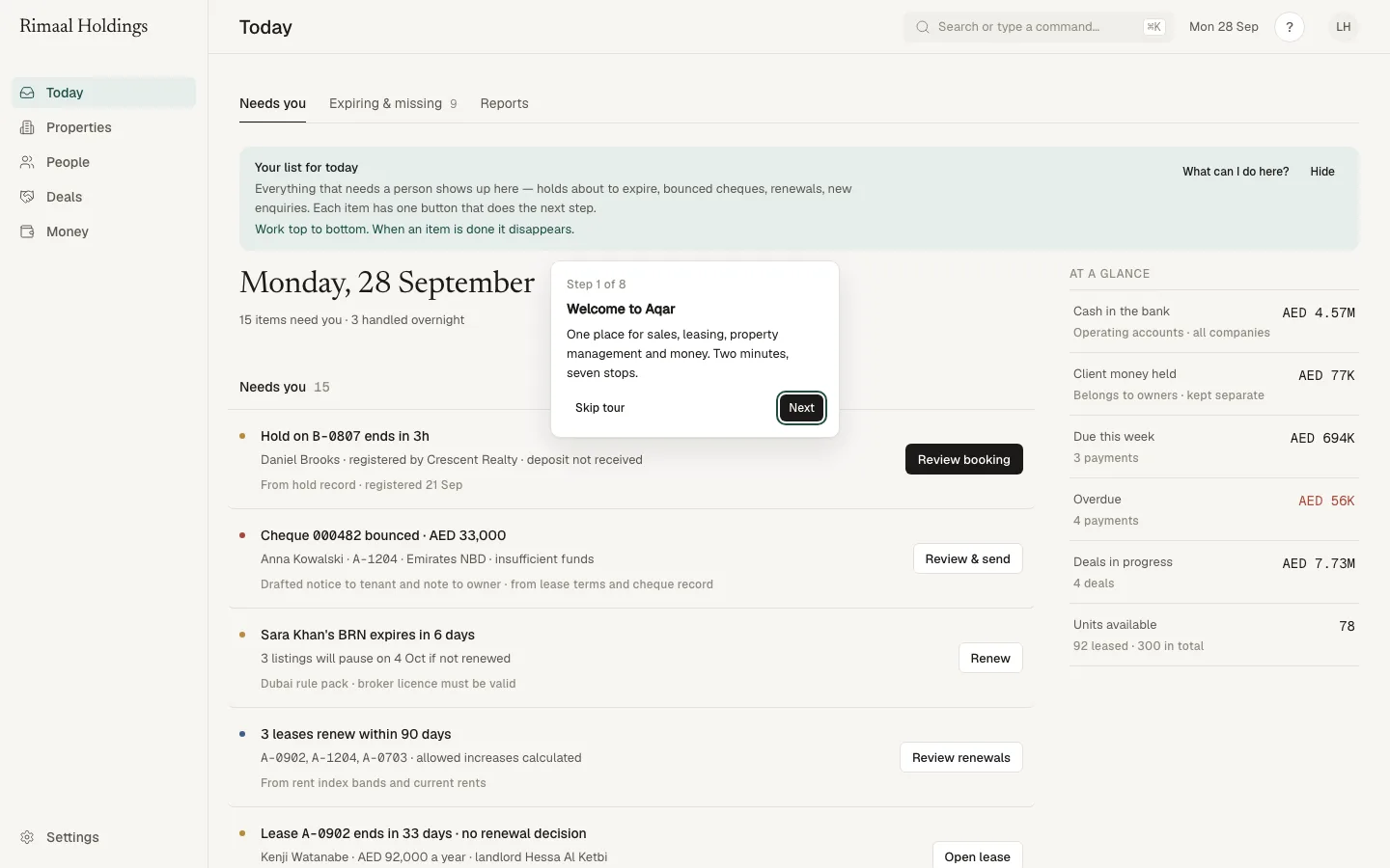 The Today screen: expiring holds, bounced cheques, renewals and the money at a glance