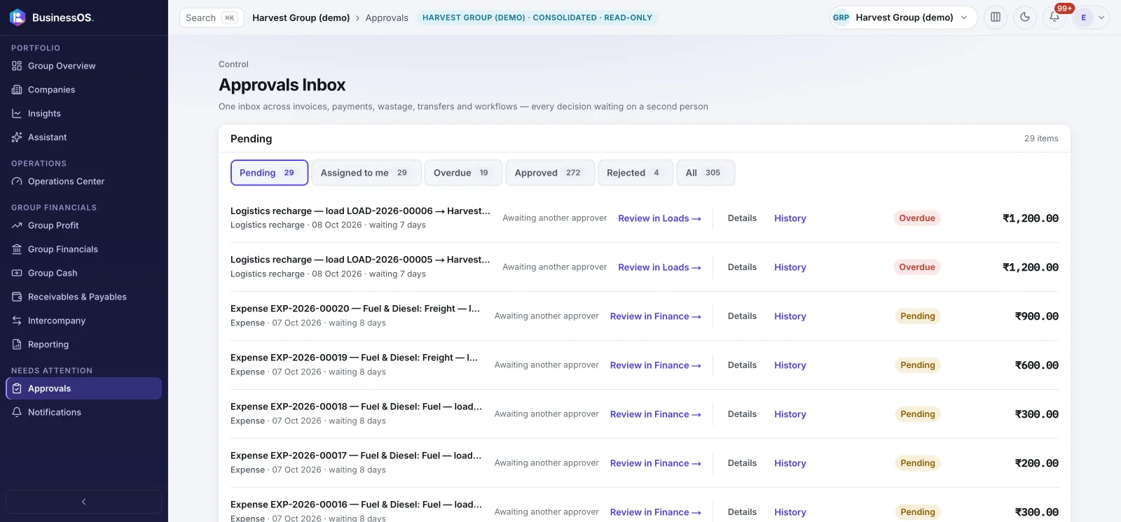 Approvals inbox: every invoice, payment, wastage and transfer waiting on a second person (demo data)