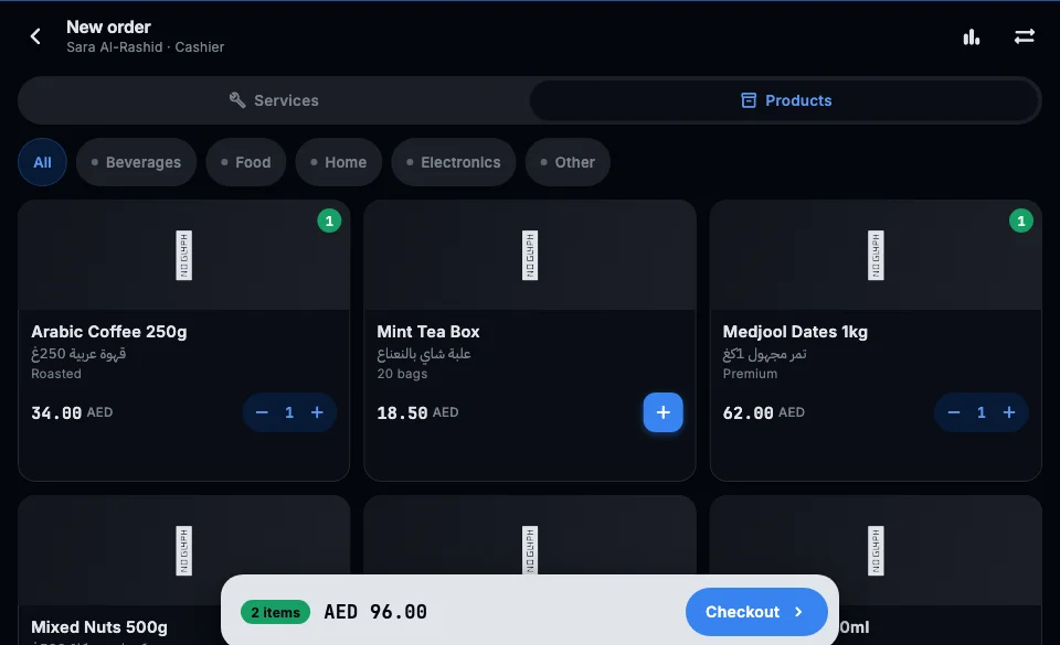 New order on a tablet: products and services with a running cart