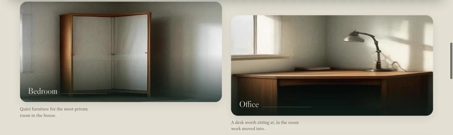 Room collections: bedroom and office pieces shown in real rooms