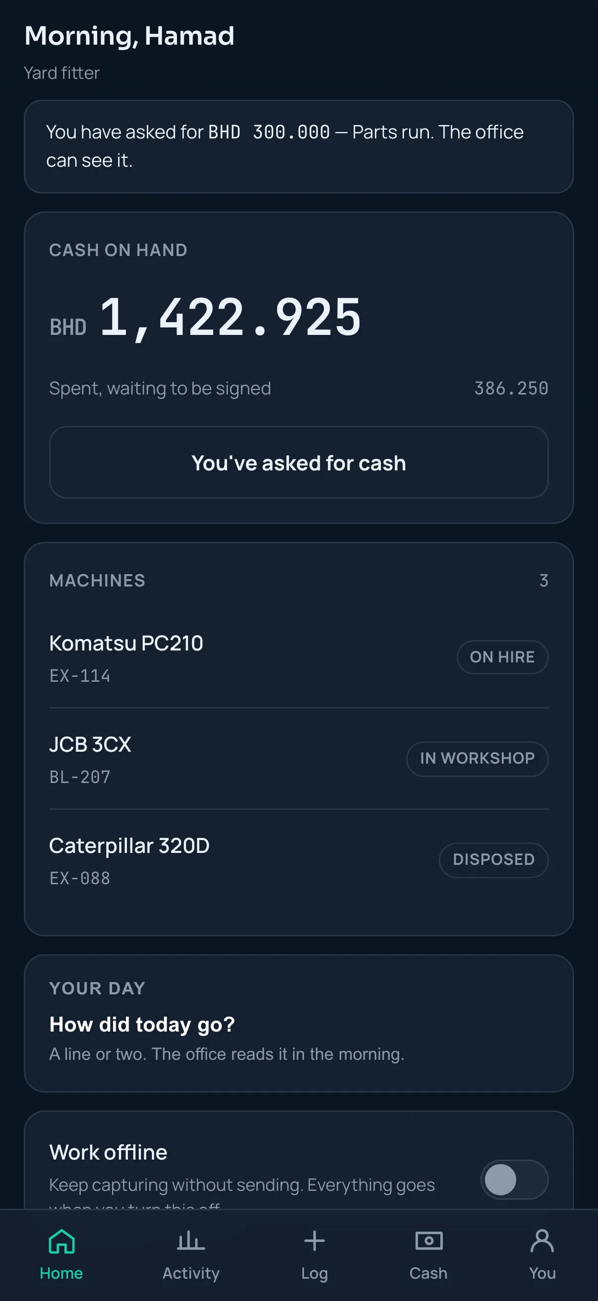 Field app home on a phone, working offline