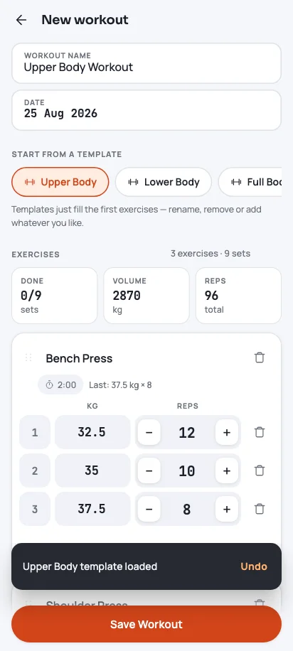Building a workout from a template on the gym floor